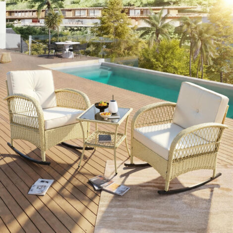 Salon de jardin 3 pièces en rotin beige : 2 fauteuils à bascule dossier haut avec coussins + table en verre trempé (1/5)