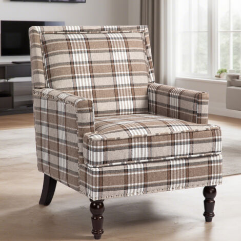 Fauteuil d’appoint compact pour salon, rembourrage mousse haute densité, cadre en bois, tissu coton lin marron et blanc