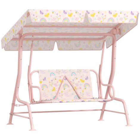 Balancelle de jardin enfant 75x112x120 cm 2 places avec auvent réglable et ceintures de sécurité polyester rose