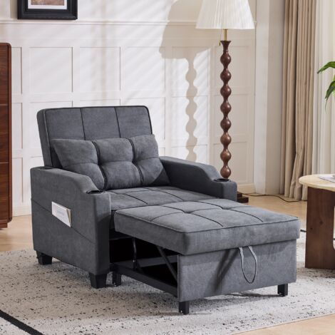 Fauteuil convertible 3 en 1 avec USB et porte-gobelets, dossier réglable, lit banquette gain de place, bois métal gris foncé