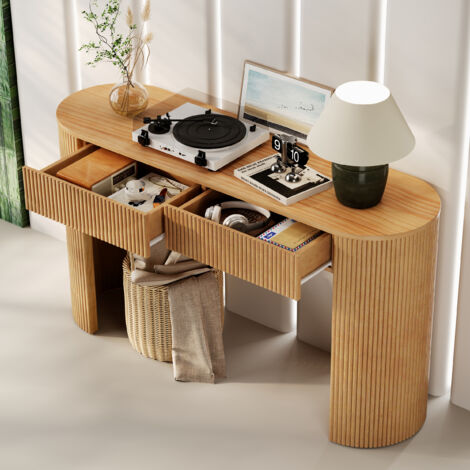 Console d’entrée 120x33x76 cm avec 2 tiroirs invisibles, pieds réglables, design cannelé, MDF naturel