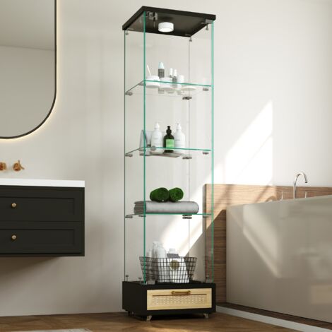 Vitrine en verre trempé H167 x L42,5 x P36,5 cm avec 4 étagères, tiroirs, LED 13 couleurs, roulettes, noir (1/5)