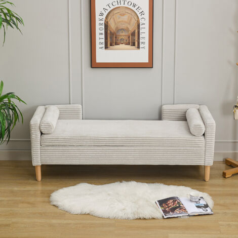 Banc coffre de rangement en velours côtelé gris avec dossier, accoudoirs et 2 coussins ronds, 160 kg (1/5)