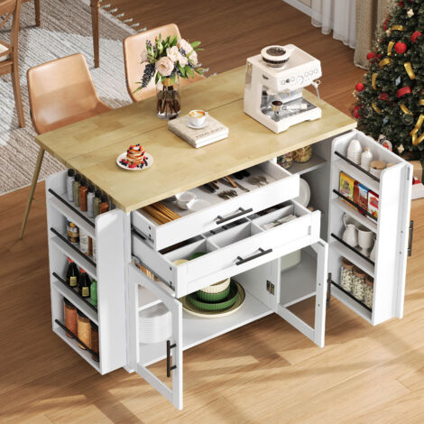 Îlot de cuisine 120x45/70x90 cm plateau rabattable 5 roulettes verrouillables rangement MDF naturel/blanc