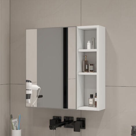Armoire miroir murale de salle de bain avec rangement compartimenté, charnières silencieuses, MDF blanc (1/5)