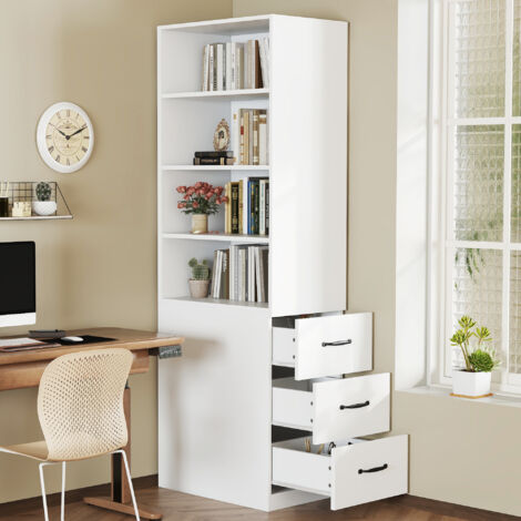 Bibliothèque étroite 60x38x180 cm avec 3 tiroirs latéraux et 2 étagères réglables, panneau de particules blanc (1/5)