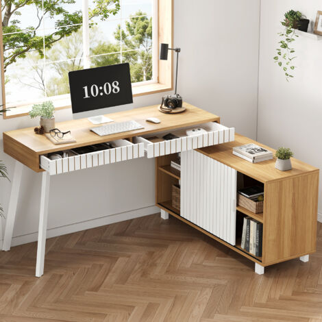 Bureau d’angle 140x120x76,5 cm avec 2 tiroirs et placard, design rainuré, MDF et métal, naturel et blanc (1/5)