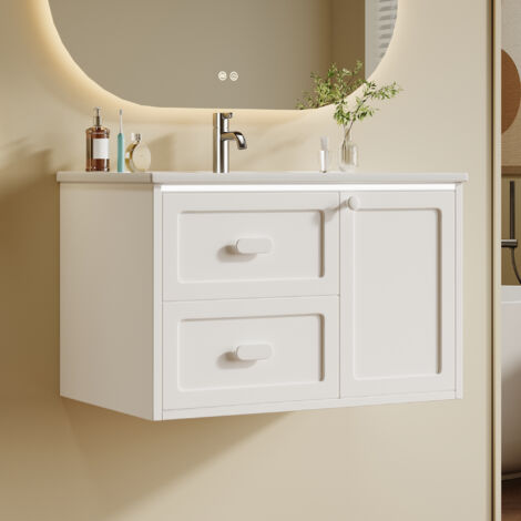 Meuble de salle de bain suspendu 76x46x51 cm avec LED détecteur radar, 2 tiroirs, vasque céramique, MDF blanc