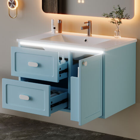 Meuble de salle de bain suspendu 76x46x51 cm avec LED détecteur radar, 2 tiroirs, vasque céramique, MDF bleu