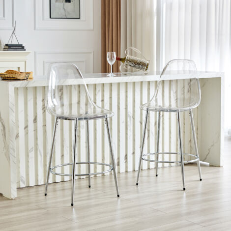 Lot de 2 tabourets de bar transparents hauteur d'assise 66 cm, structure métal argenté, plastique transparent