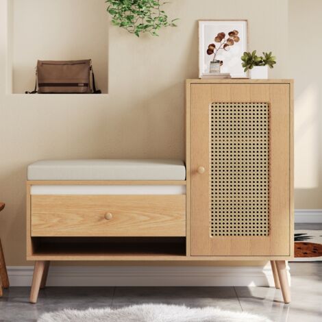 Meuble d’entrée range-chaussures 95,5x35x80,5 cm avec assise coussinée, tiroirs et porte, MDF naturel