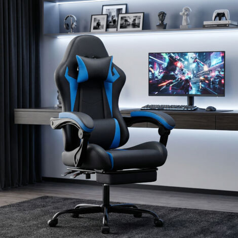 Chaise gaming - Fauteuil gaming ergonomique réglable avec appui-tête, soutien lombaire, repose-pieds, PVC noir et bleu (1/5)
