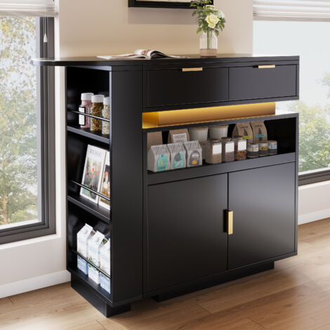 Îlot de cuisine extensible 115-183x40x99,5 cm avec LED, plateau rotatif, rangement, table bar MDF noir (1/5)