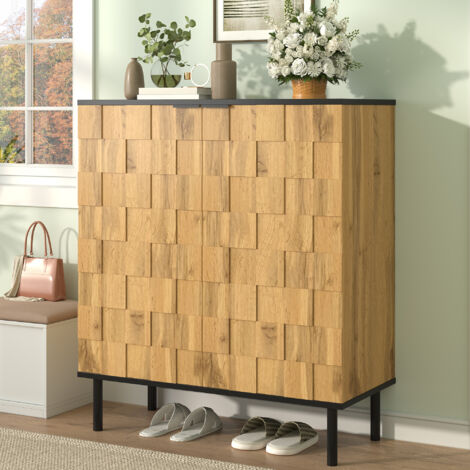 Meuble à chaussures 2 portes 80x35x91,5 cm avec étagères réglables, pieds métal, décor bois naturel (1/5)