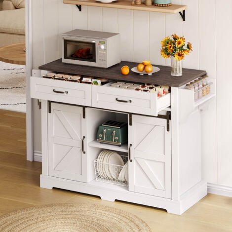 Îlot de cuisine 120x45(70)x91 cm avec plateau rabattable, 2 portes coulissantes, 2 tiroirs, MDF blanc et marron