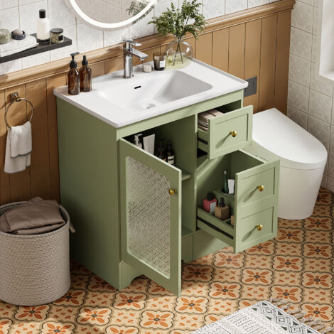 Meuble vasque de salle de bain 80x50x87 cm avec tabouret 2-en-1 intégré, LED APP, MDF vert