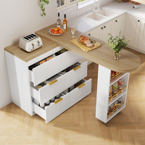Table de bar pivotante 360° 128-203x39x90 cm avec 6 tiroirs, buffet multifonction MDF métal blanc (1/5)