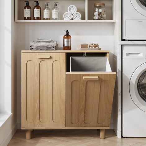 Meuble à linge basculant avec 2 paniers amovibles, armoire de rangement salle de bain en MDF décor chêne