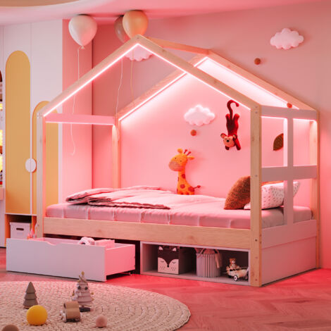 Lit enfant cabane 90x190 cm enfant avec LED multicolore, tiroir de rangement et meuble à chaussures, bois naturel