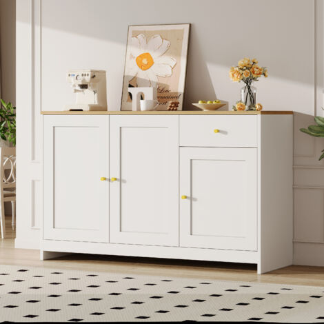 Buffet 120x40x75 cm 3 portes 1 tiroir avec étagères réglables pour salon ou salle à manger blanc et naturel (1/5)