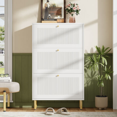 Meuble à chaussures 73x23x125 cm avec 3 abattants rainurés, 6 étagères, pour entrée, MDF et panneaux blanc (1/5)