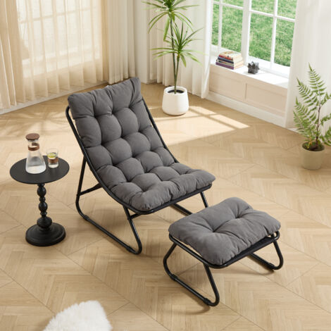 Fauteuil de détente avec ottoman 65x78x86 cm, coussin gris, structure en acier noir, pour salon et extérieur