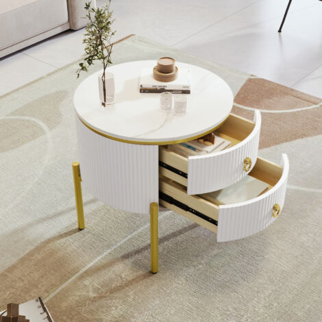 Table d'appoint 50x51 cm avec 2 tiroirs, pieds réglables, rangement pratique pour salon, MDF blanc doré (1/5)