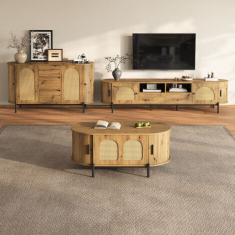 Ensemble de salon 3 pièces, table basse, meuble TV, buffet, portes coulissantes, aspect rotin, aspect bois, pieds en métal, espace de rangement - Naturelle