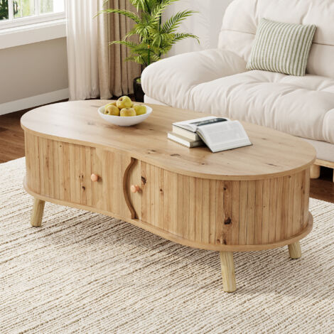 Table basse 108x50x37 cm avec 2 portes coulissantes, rangement, forme organique, MDF aspect bois naturel