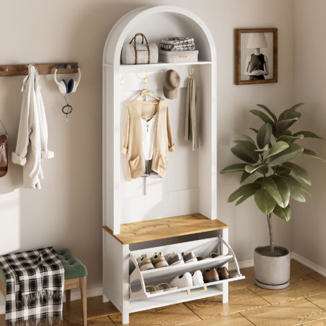 Vestiaire d'entrée 75x35x195 cm avec étagère, crochets et range-chaussures, MDF blanc et bois