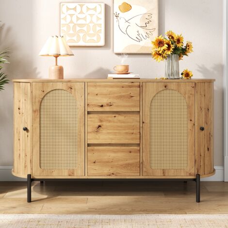 Buffet ovale 140x38x77,5 cm avec portes coulissantes, 3 tiroirs et étagères réglables, MDF coloris naturel (1/5)