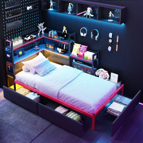 Lit enfant 90x200 cm avec LED, USB, 3 tiroirs, étagères latérales et panneau perforé, métal noir (1/5)