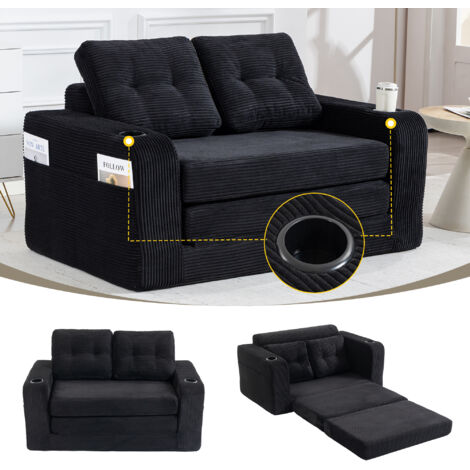 Canapé 2 places modulaire 136 x 80 x 82,5 cm avec porte-gobelets et poches, en velours côtelé noir (1/5)