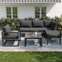 Ensemble table et chaise de jardin,Salon de jardin 6 places – Canapé d’angle + 1 fauteuil + 1 table – Disposition libre – Aluminium et métal – Gris moderne – Parfait pour jardin, balcon ou véranda