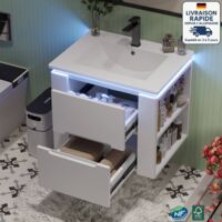 Meuble avec lavabo 61x46x48.5cm - Évier intégré - Éclairage à capteur radar à LED - Deux tiroirs + deux étagères latérales -Glissade silencieuse - Blanc