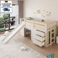 Lit mezzanine 90x200 cm - Lit enfant 90x200 cm - Avec glissières, trois tiroirs et deux portes - Bois Certifié PEFC - Crème