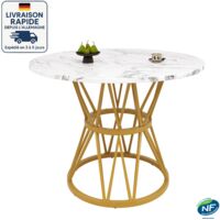 Table de salle à manger ronde pour 4 personnes, table ronde de salle à manger avec base en métal, table ronde de 100 cm - Plateau de table en MDF et texture marbre - doré