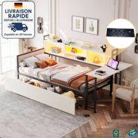 MODFU - Canapé-lit 90x200 cm, lit enfant avec tiroirs, lit simple LED, bureau rabattable, prise, sans matelas, métal + MDF, blanc