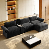 Canapé d'angle modulaire 315 cm avec ottoman mobile, charge sans fil, enceintes Bluetooth, chenille noir