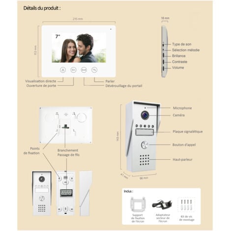 Portier Vidéo filaire connecté Wifi avec Ecran tactile 7” – 2 fils – Contrôle vocal