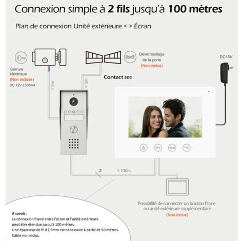 Portier Vidéo filaire connecté Wifi avec Ecran tactile 7” – 2 fils – Contrôle vocal