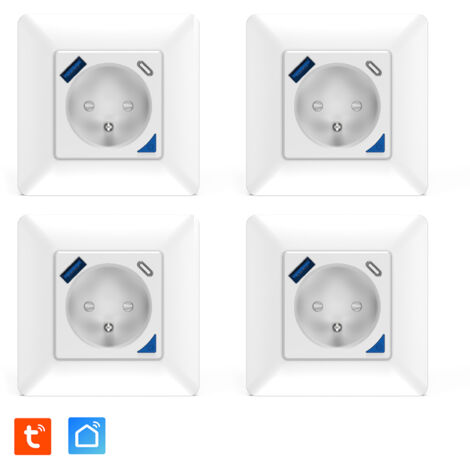 Lot de 4 Prises intérieures encastrées 3000W & Ports USB-A + USB-C (20 W) connectées Wifi + Suivi de consommation + Compatible assistants vocaux (1/5)