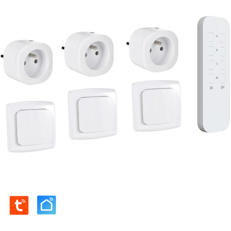 Lot de 3 Prises intérieures 3680W connectées (Wifi + Radio fréquence) + 3 Interrupteurs ON/OFF + Télécommande Sans Fil compatibles – Contrôle à distance & local (1/5)