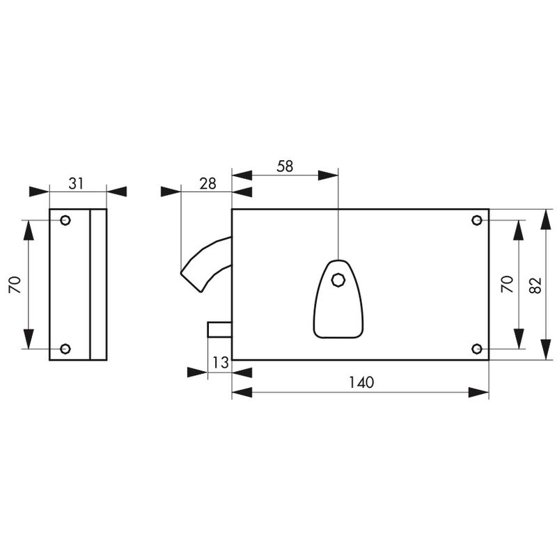 Serrure de grille en applique horizontale à clé à fouillot pour portail  gauche axe 58mm 140x82mm inox 2 clés