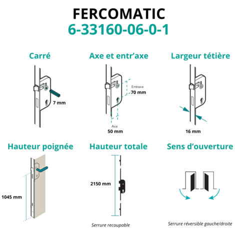 Serrure encastrable Fercomatic à cylindre pour porte d'entrée, axe 50mm, 5pts, H. 2150mm, 6-33160-06-0-1FERCO by THIRARD