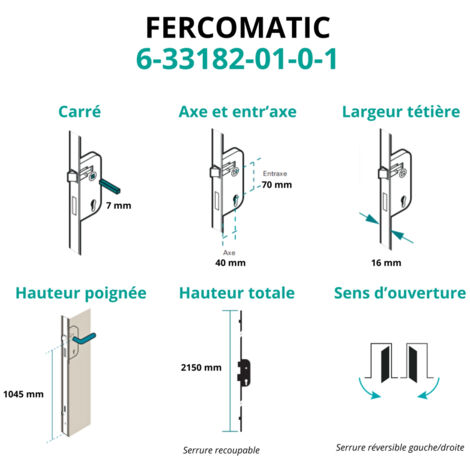 Serrure encastrable Fercomatic à cylindre pour porte d'entrée, axe 40mm, 5pts, H. 2150mm, 6-33182-01-0-1FERCO by THIRARD