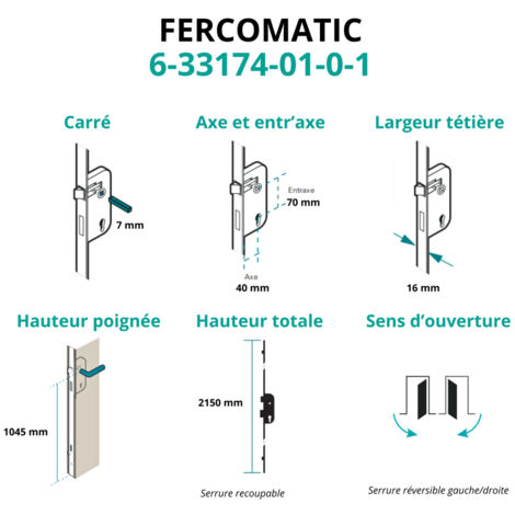 Serrure encastrable Fercomatic à cylindre pour porte d'entrée, axe 40mm, 5pts, H. 2150mm, 6-33174-01-0-1FERCO by THIRARD