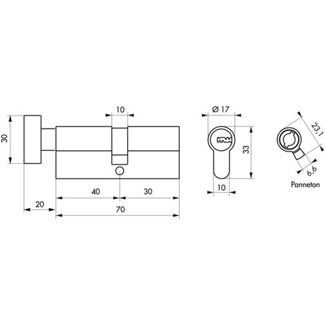 Cylindre de serrure à bouton T2, 40Bx30mm, nickel, anti-arrachement, anti-perçage, anti-crochetage, 5 clés
