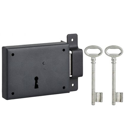 Thirard – Serrure monopoint en applique à clé pour porte de cave – Pêne droit – Axe 60mm – Dimensions 110x80mm – 2 clés en acier poli (1/2)