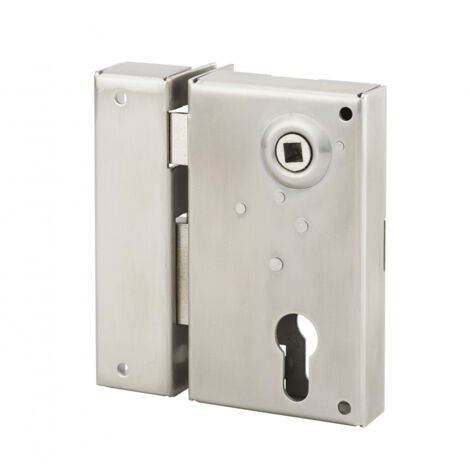 Thirard – Serrure verticale en applique double entrée à fouillot pour portail – Axe 45mm – Dimensions 73x125mm – Inox 304L – Pêne laiton chromé